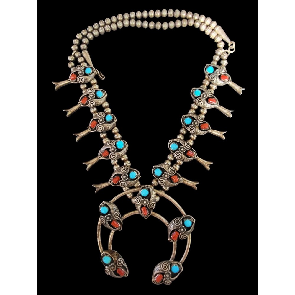 Vintage Navajo Squash Blossom Necklace Sterling Silver Turquoise Coral Stones